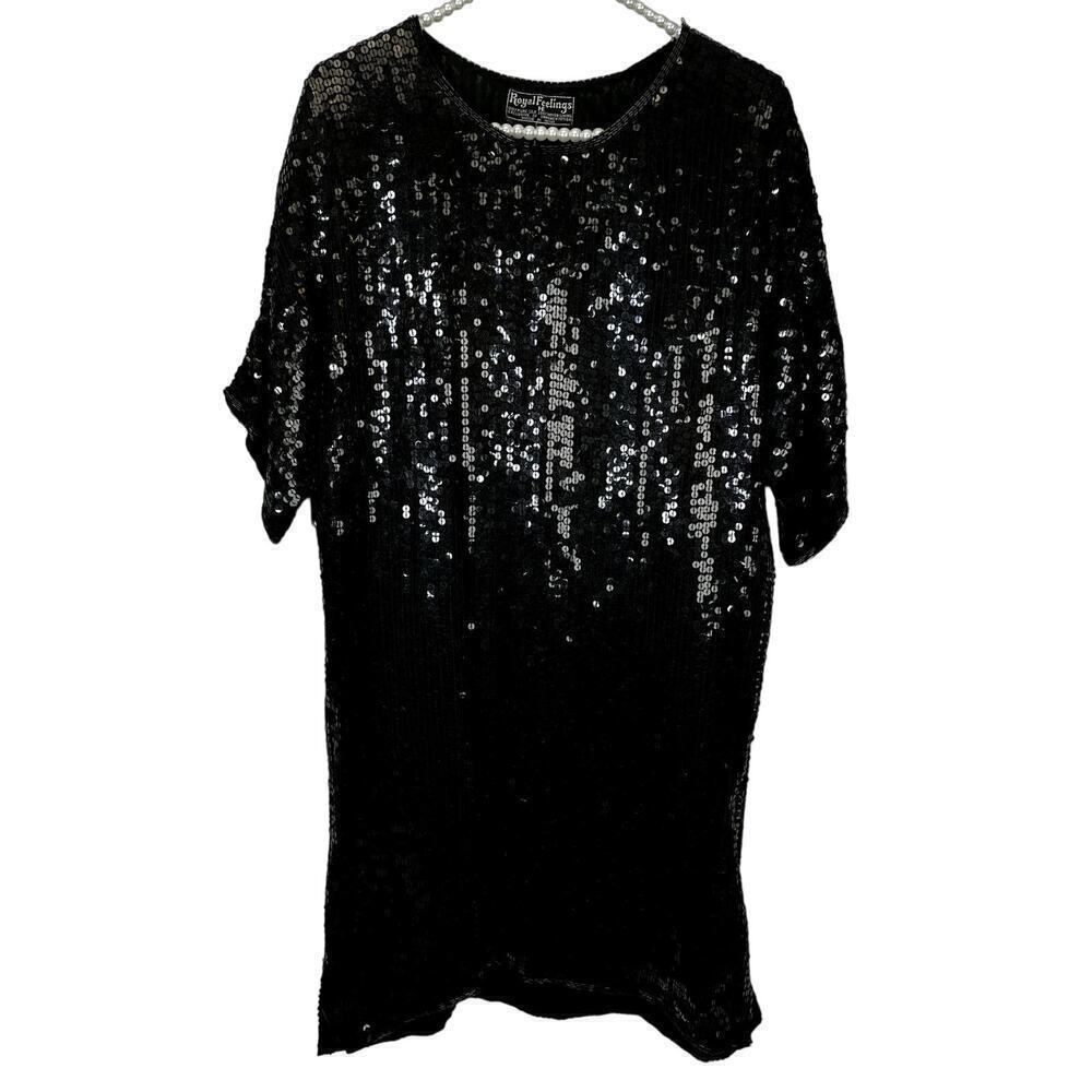 Vintage 1980's Royal Feelings HE 100% Silk Black Sequin‎ Midi Dress NWT SZ M